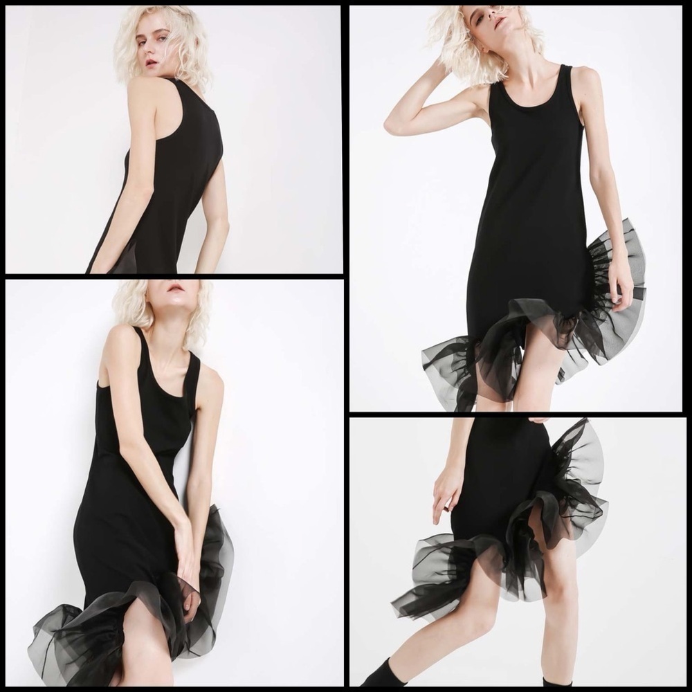 Beulah Sleeveless Scoop Neck Black Spliced Tulle Hem Midi Coquette Goth Dress L